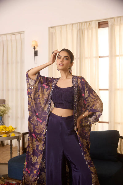 Purple Floral Printed Premium Chinon Silk Cape Set